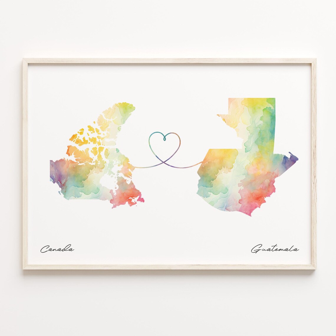 Canada To Guatemala Watercolor Map Heart Long Distance Gift Poster