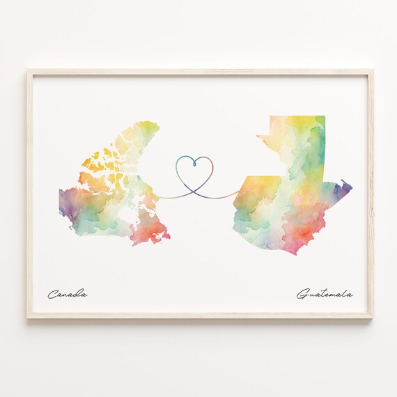 Canada To Guatemala Watercolor Map Heart Long Distance Gift Poster
