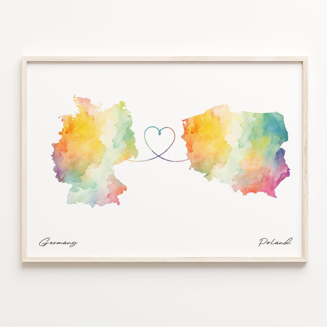 Germany to Poland Watercolor Map with Heart Connection Poster