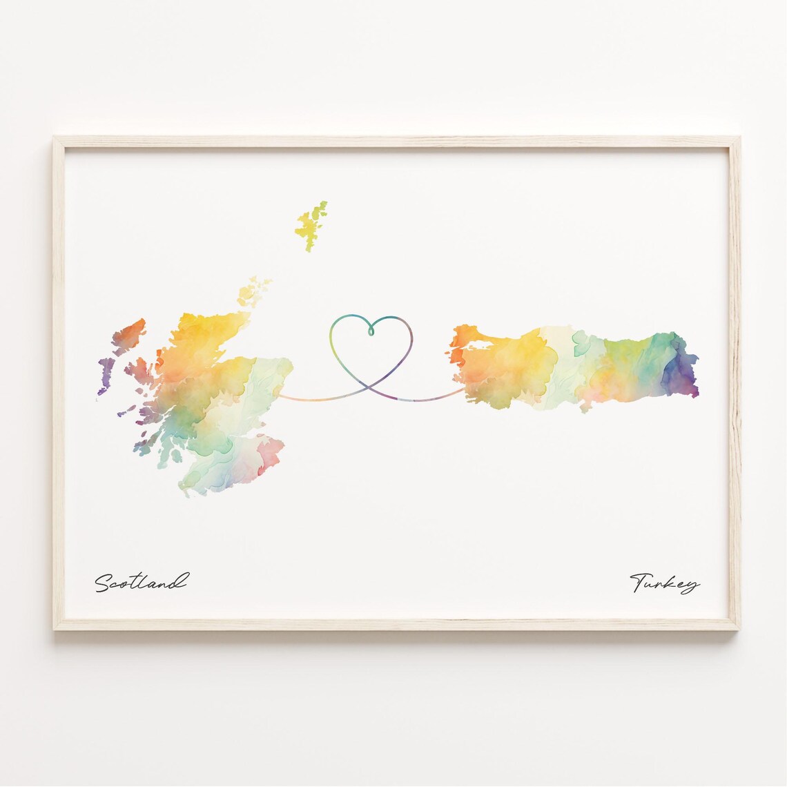 Scotland to Turkey Watercolor Map Heart Long Distance Love Poster