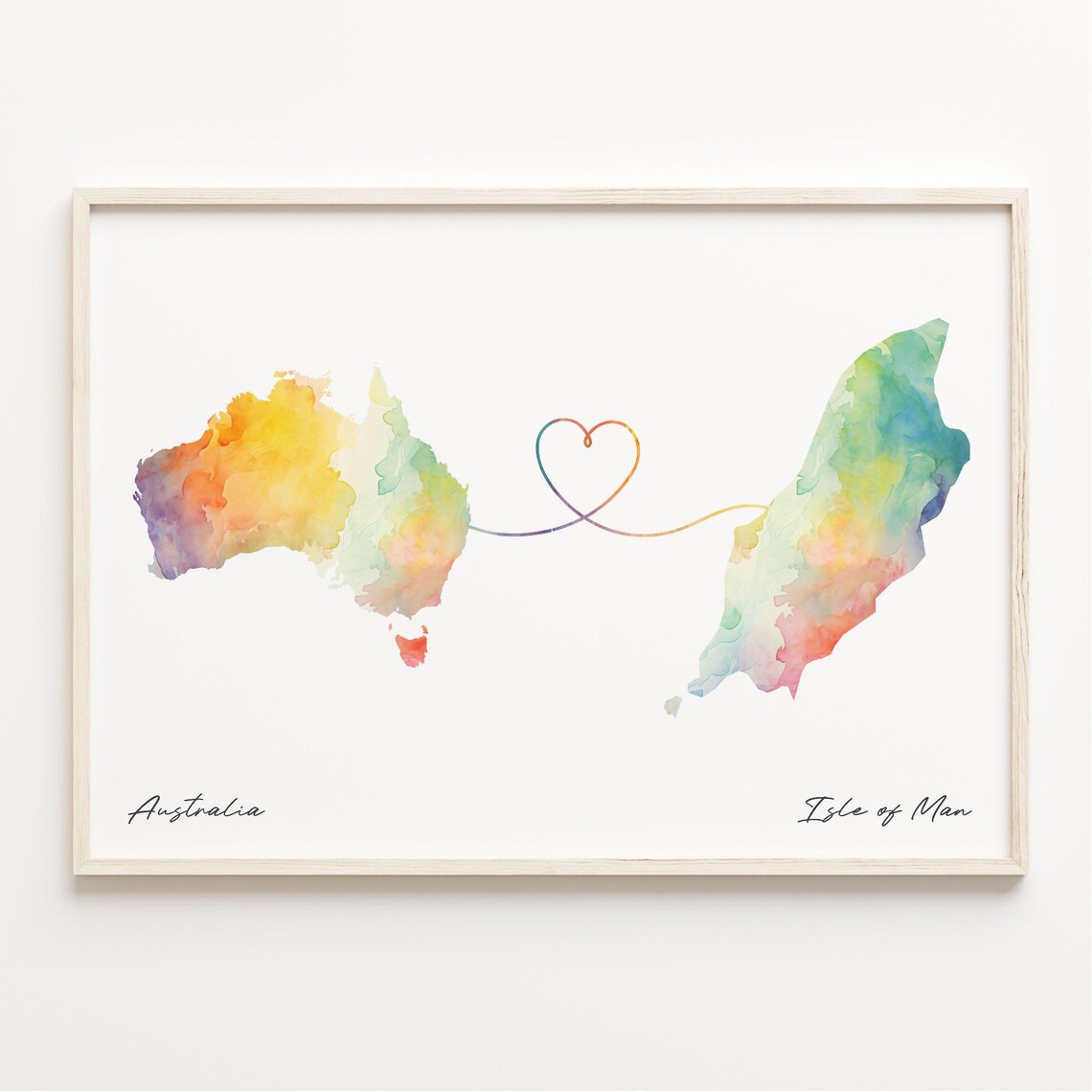 Australia to Isle of Man Watercolor Heart Map Connection Print