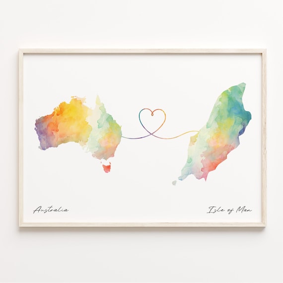 Australia to Isle of Man Watercolor Heart Map Connection Print