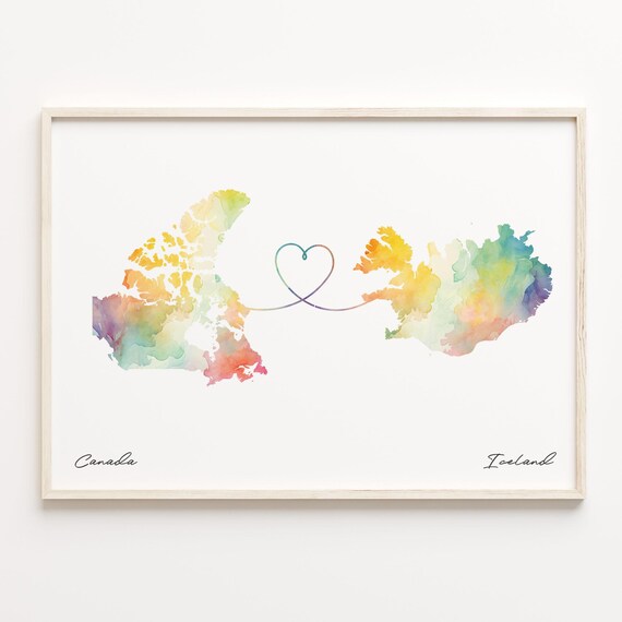 Canada To Iceland Watercolor Heart Map Long Distance Love Poster