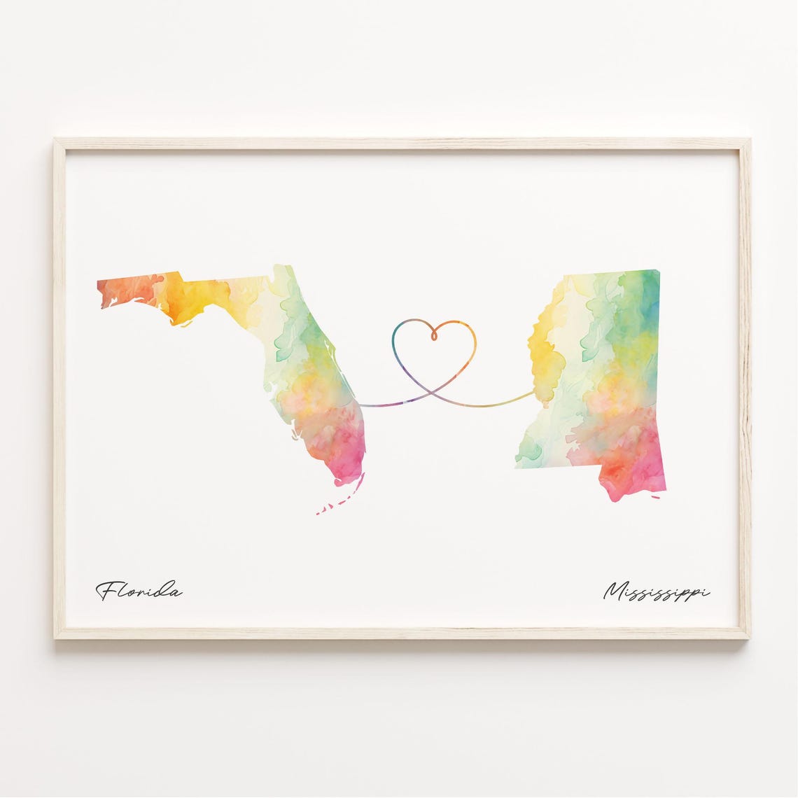 Florida to Mississippi Watercolor Map Heart Connection Wall Art