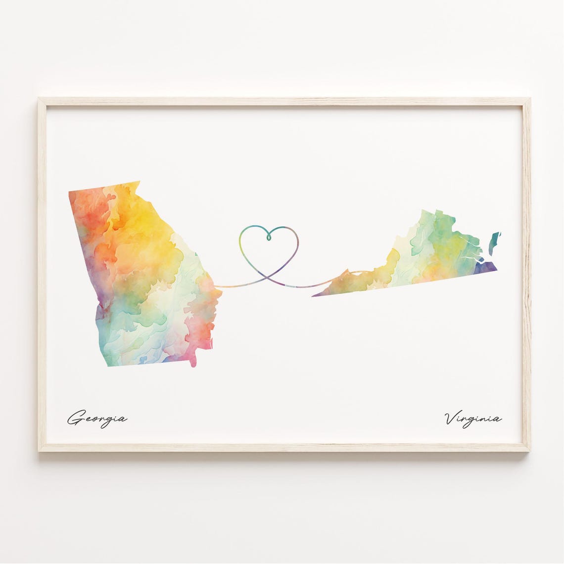 Georgia to Virginia Watercolor Heart Connection Map Poster for Couples