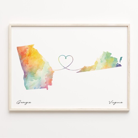 Georgia to Virginia Watercolor Heart Connection Map Poster for Couples
