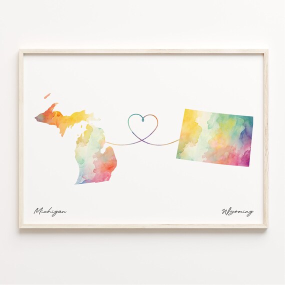 Michigan To Wyoming Watercolor Map Heart Love Long Distance Gift Print