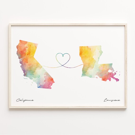 California to Louisiana Watercolor Heart Map Long Distance Love Print