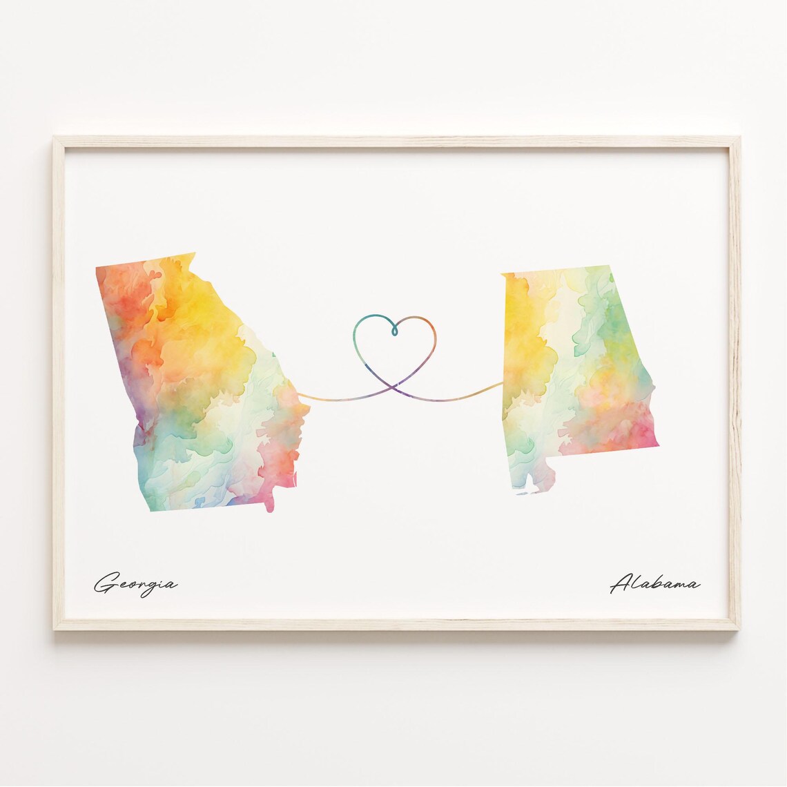 Georgia To Alabama Watercolor Map Heart Long Distance Love Print
