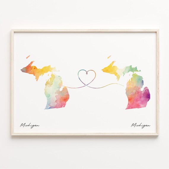 Michigan To Michigan Watercolor Map Heart Connection Love Poster