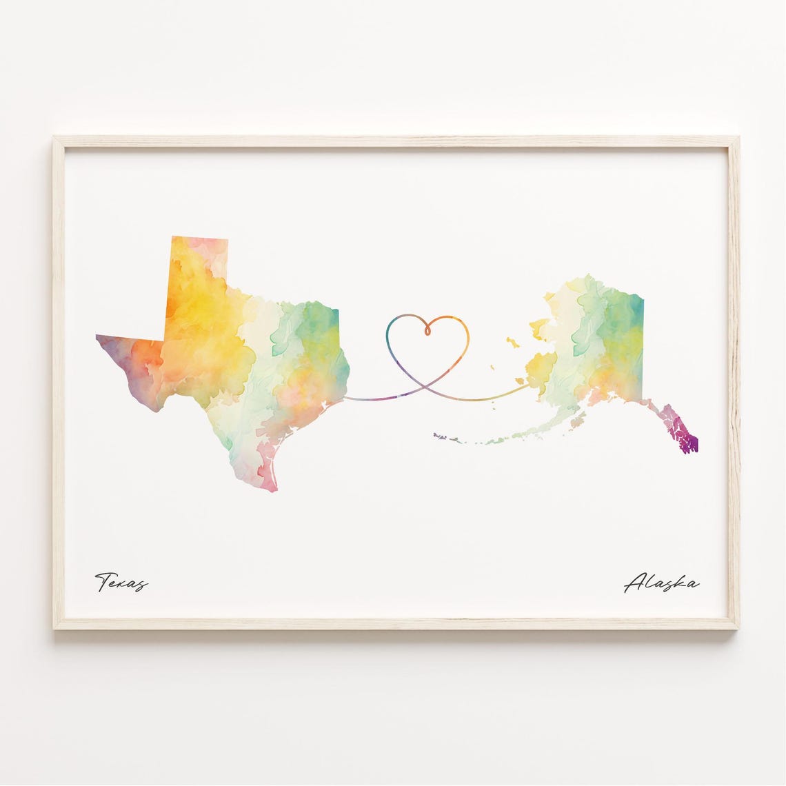 Texas To Alaska State Watercolor Heart Line Connection Map Poster
