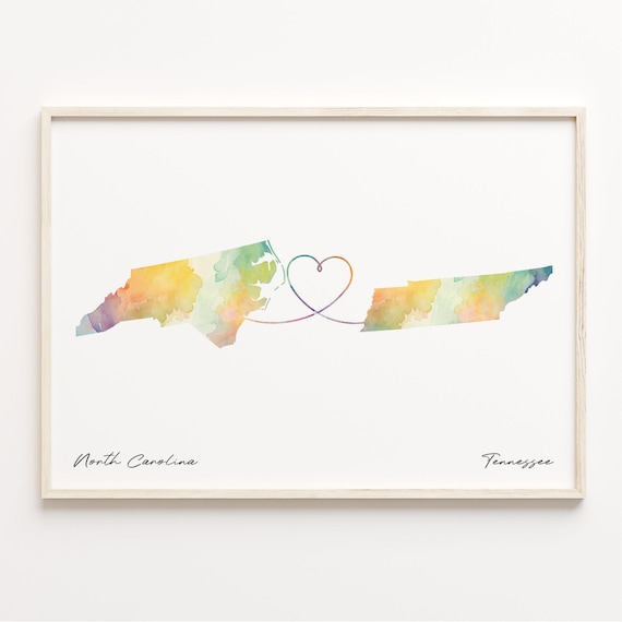 North Carolina To Tennessee Watercolor Map Long Distance Print