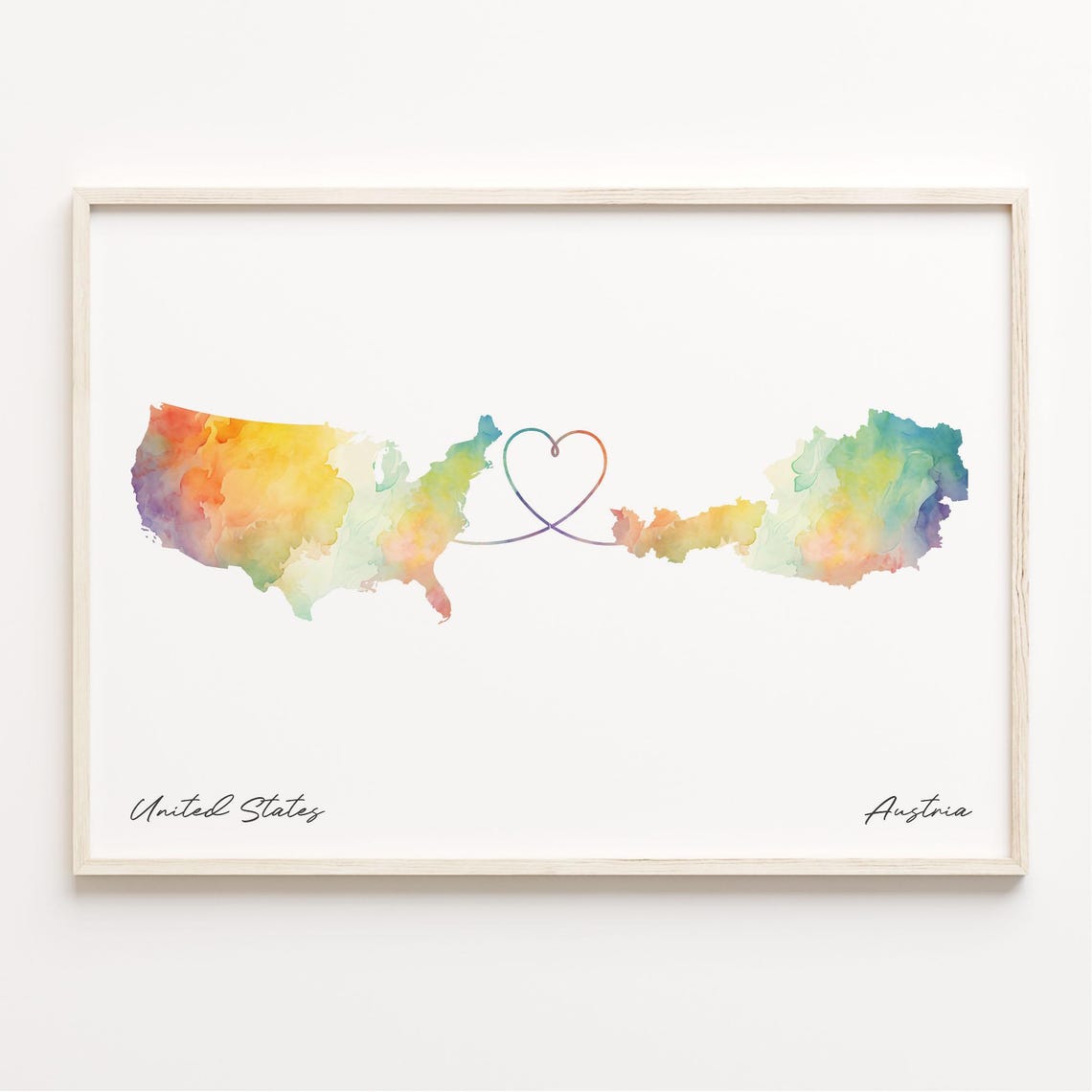 United States to Austria Watercolor Map Heart Long Distance Poster