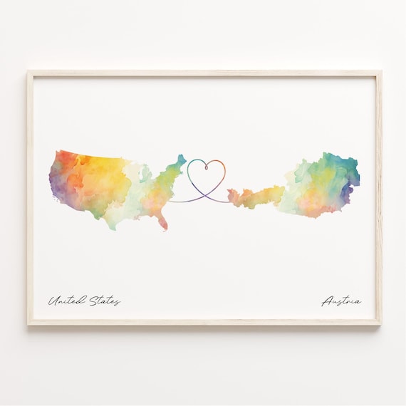 United States to Austria Watercolor Map Heart Long Distance Poster