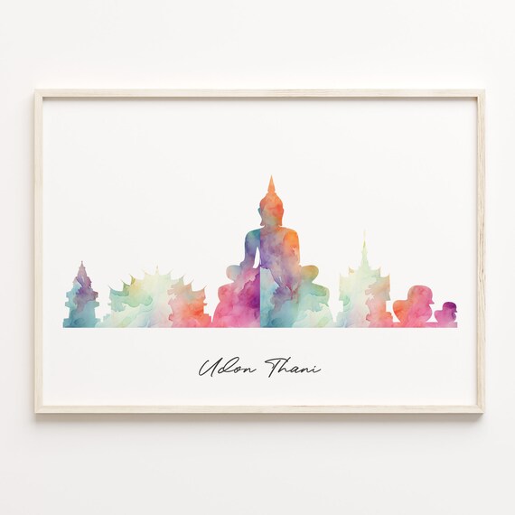 Udon Thani Thailand Watercolor Skyline Buddha Cityscape Art Print