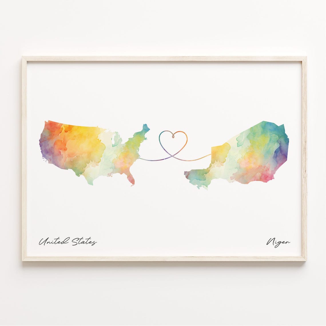 United States To Niger Watercolor Map Wall Poster With Heart Love Gift