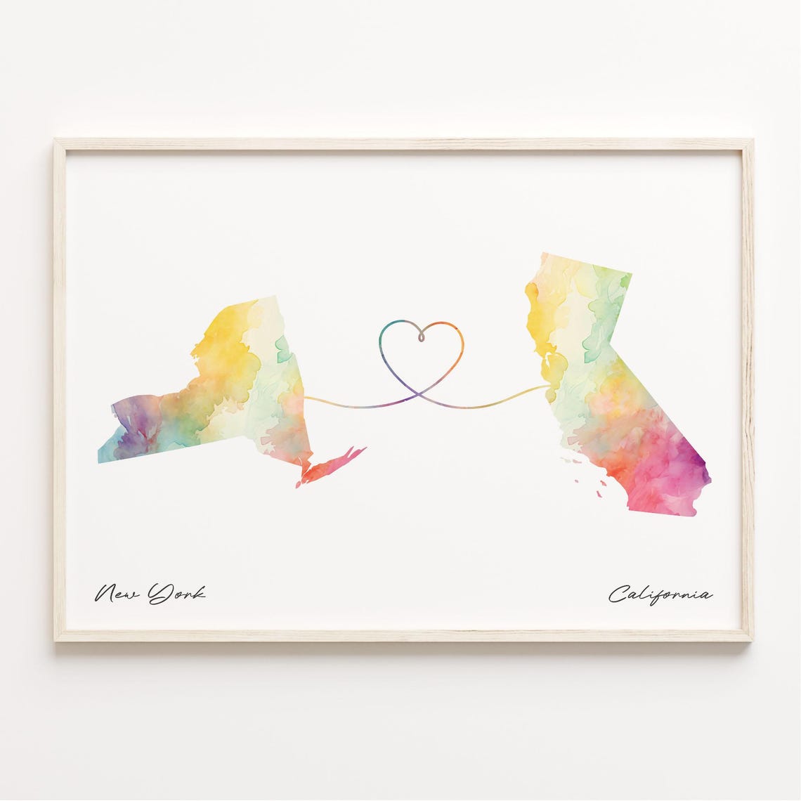 New York To California Watercolor State Map Connection Art Print