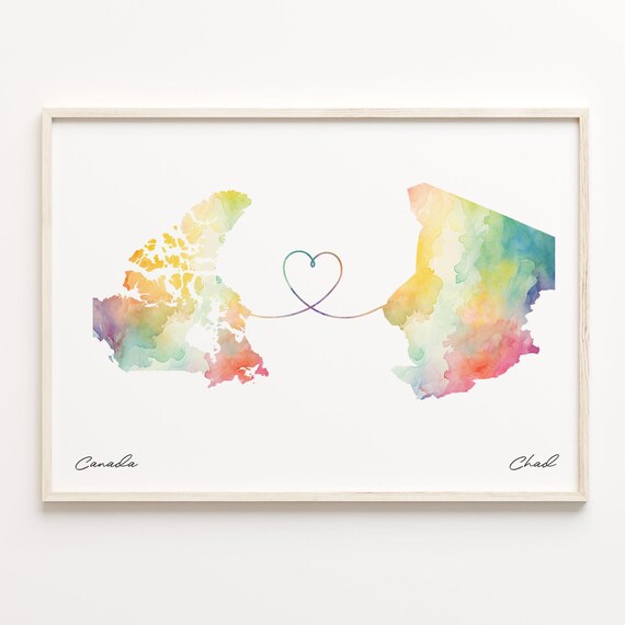 Canada to Chad Watercolor Heart Map Long Distance Connection Poster