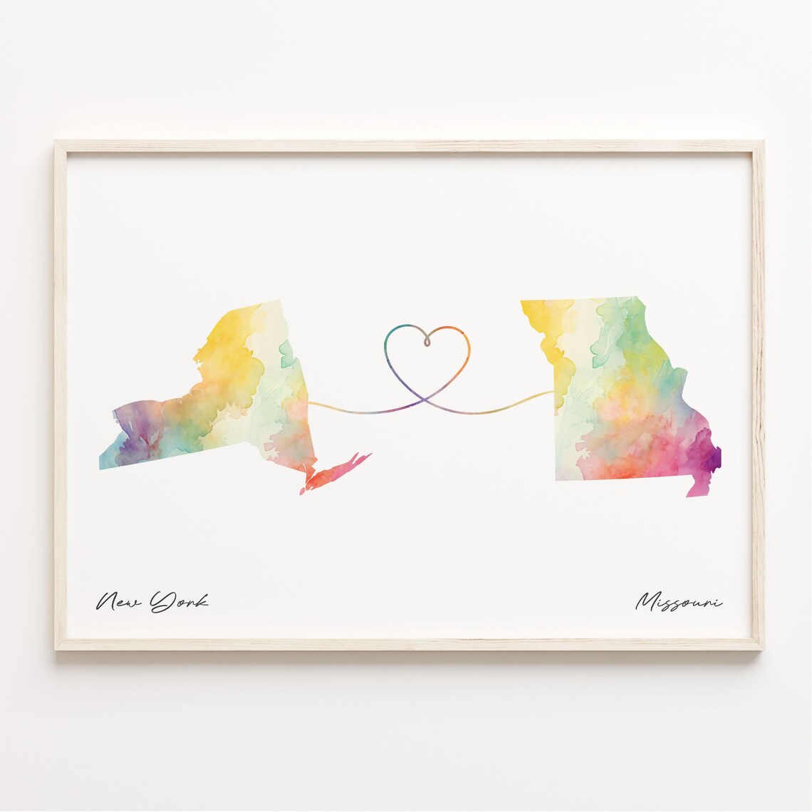 New York To Missouri Watercolor Map Heart Line Connection Art Poster