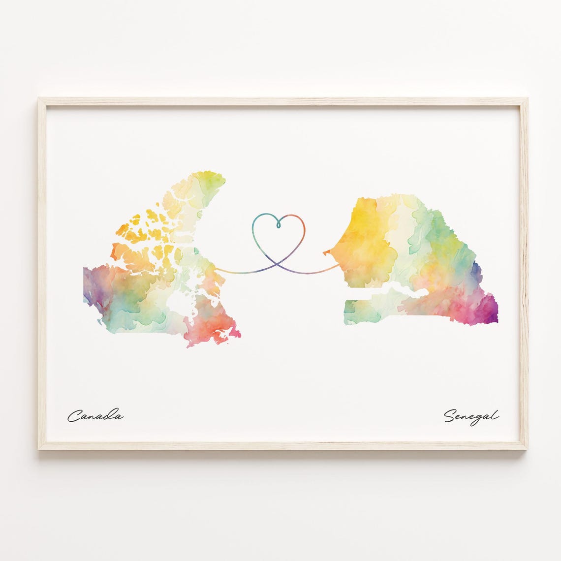 Canada to Senegal Watercolor Map Heart Long Distance Love Poster