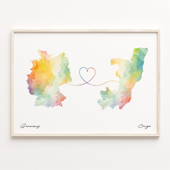 Germany to Congo Watercolor Map Poster - Heart Line Long Distance Love Gift