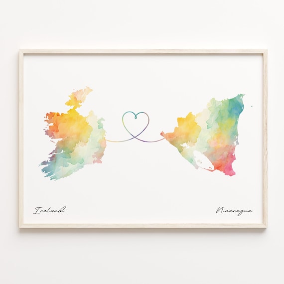 Ireland to Nicaragua Watercolor Map Heart Connection Long Distance Poster