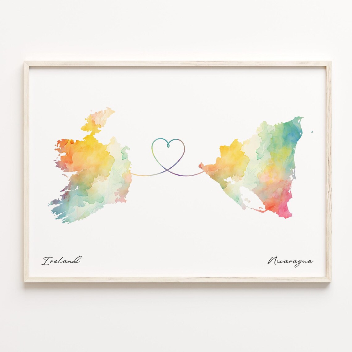 Ireland to Nicaragua Watercolor Map Heart Connection Long Distance Poster
