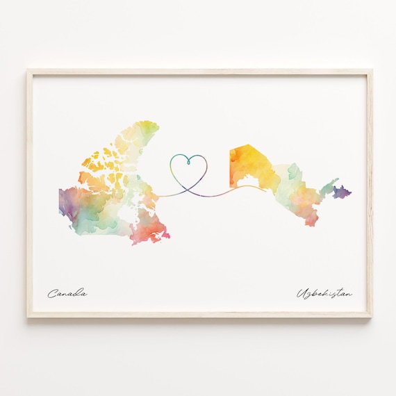 Canada To Uzbekistan Watercolor Heart Map Long Distance Gift Poster