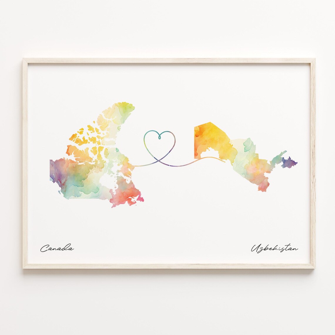 Canada To Uzbekistan Watercolor Heart Map Long Distance Gift Poster