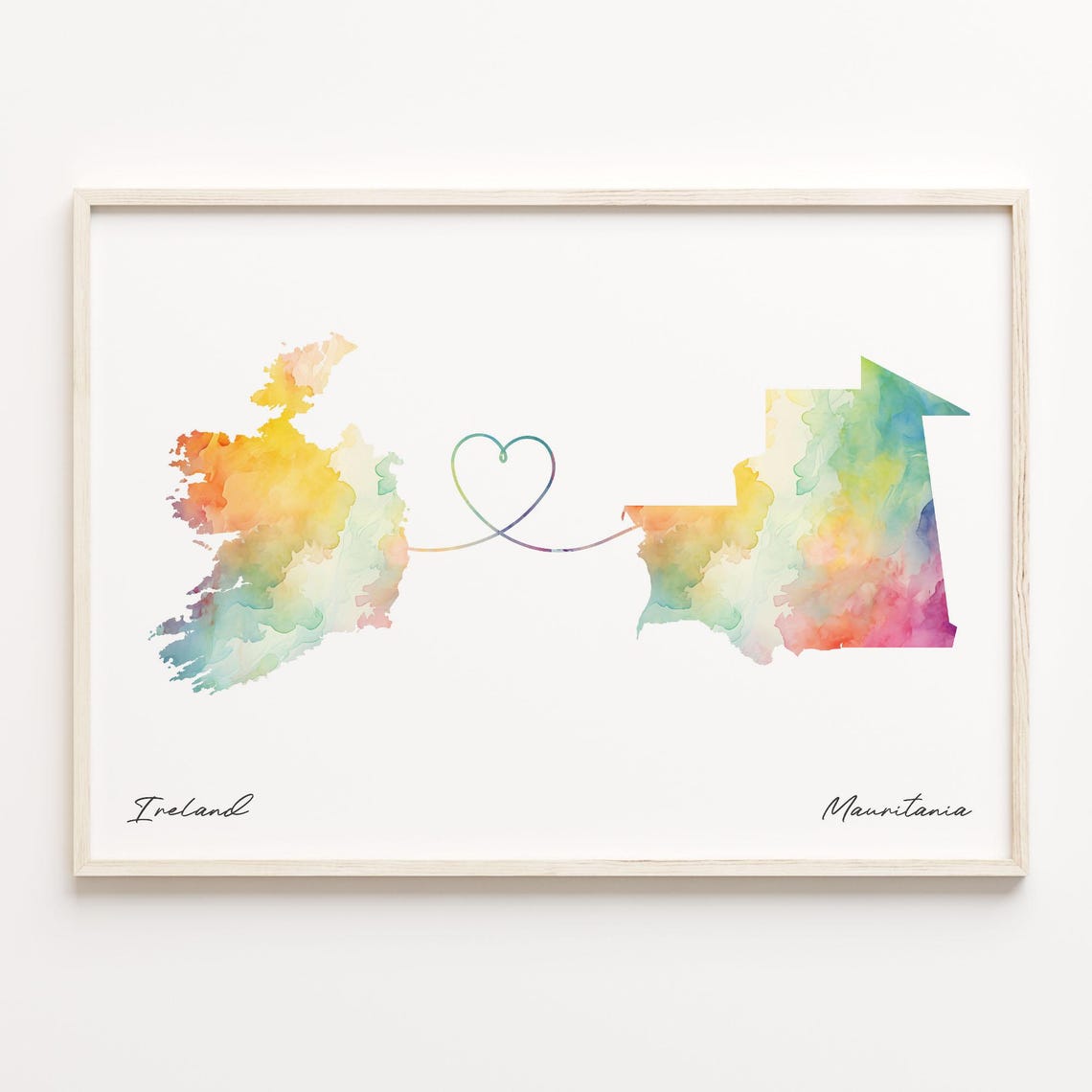 Ireland to Mauritania Watercolor Map Heart Connection Poster