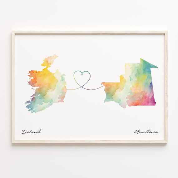 Ireland to Mauritania Watercolor Map Heart Connection Poster