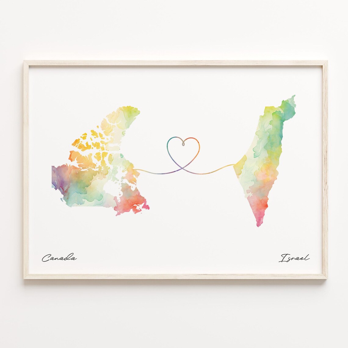 Canada To Israel Watercolor Long Distance Love Heart Map Poster