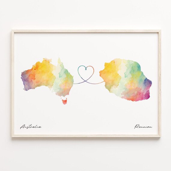Australia To Reunion Watercolor Map Heart Connection Couple Art Poster