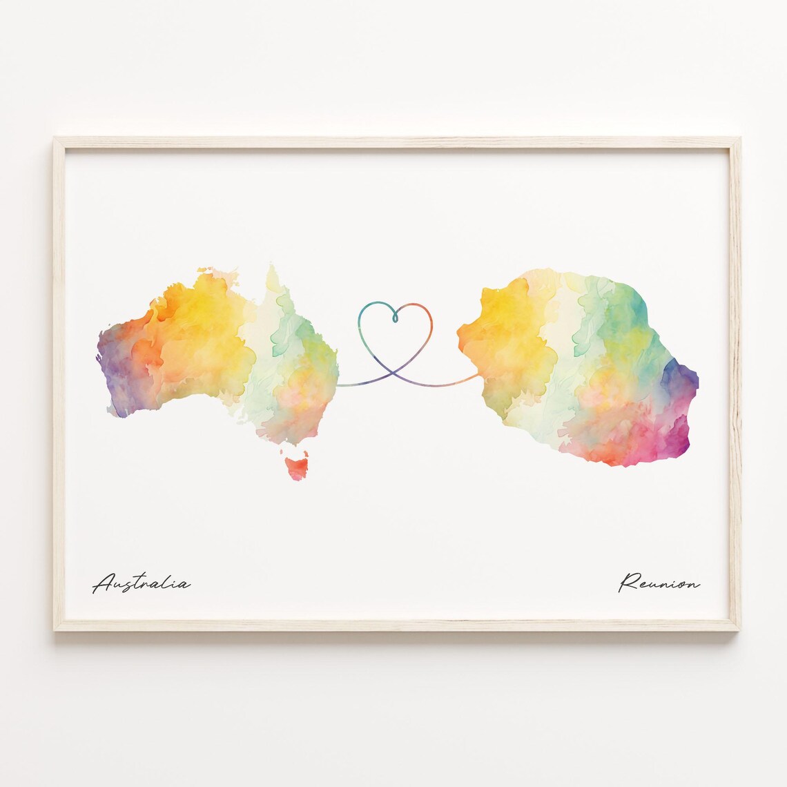 Australia To Reunion Watercolor Map Heart Connection Couple Art Poster
