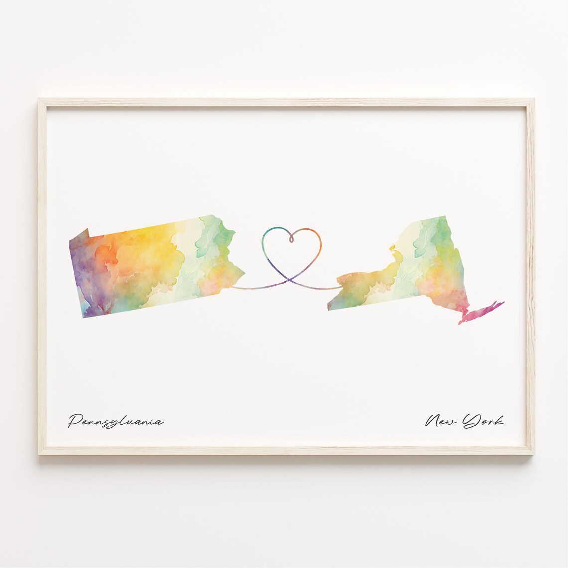Pennsylvania New York Watercolor Heart Map Long Distance Print