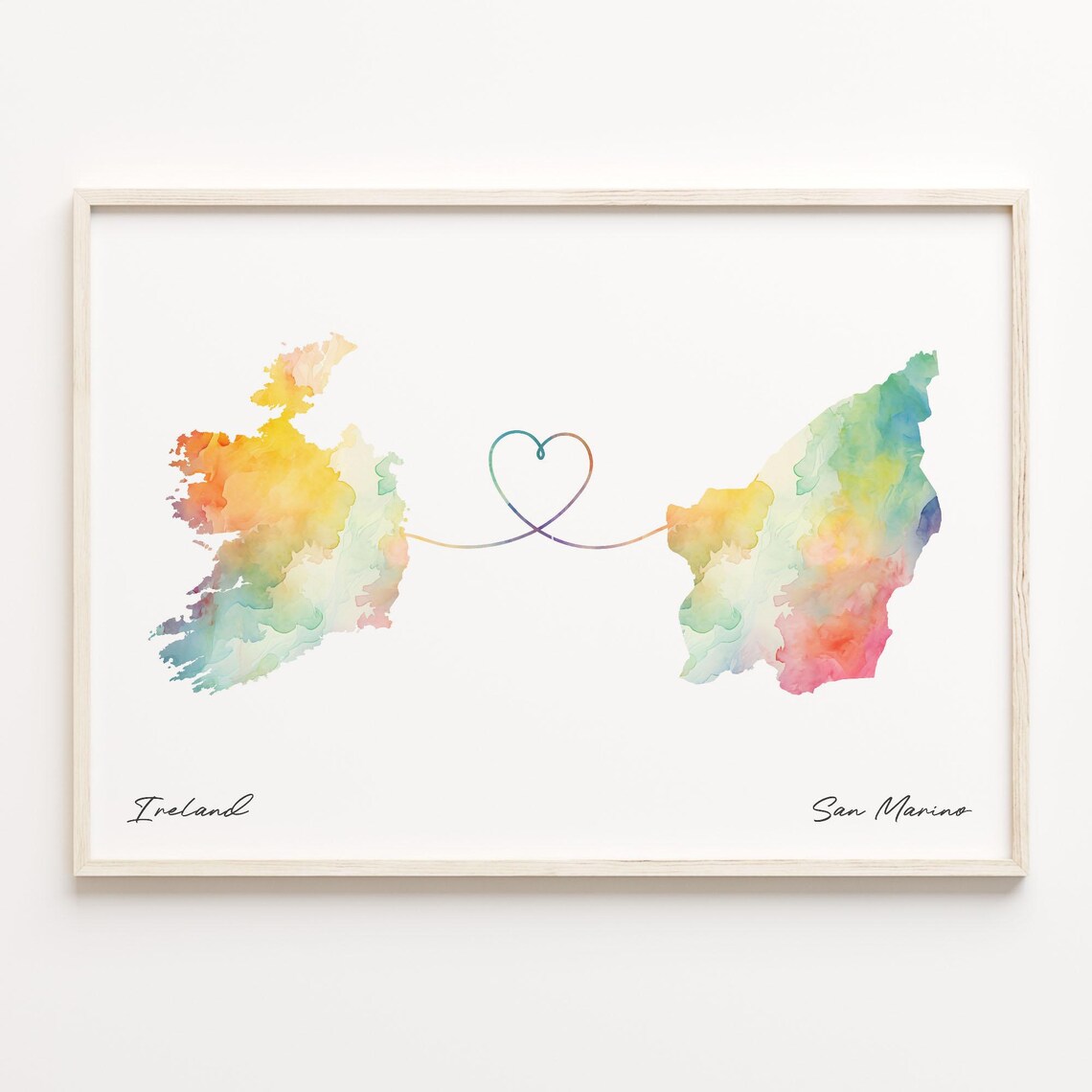 Ireland To San Marino Watercolor Maps Joined By Heart Line Art Print