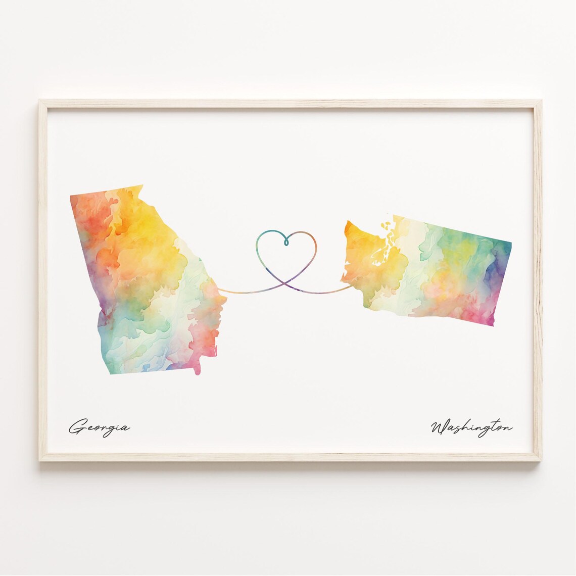 Georgia To Washington Watercolor Map Heart Connection Love Poster