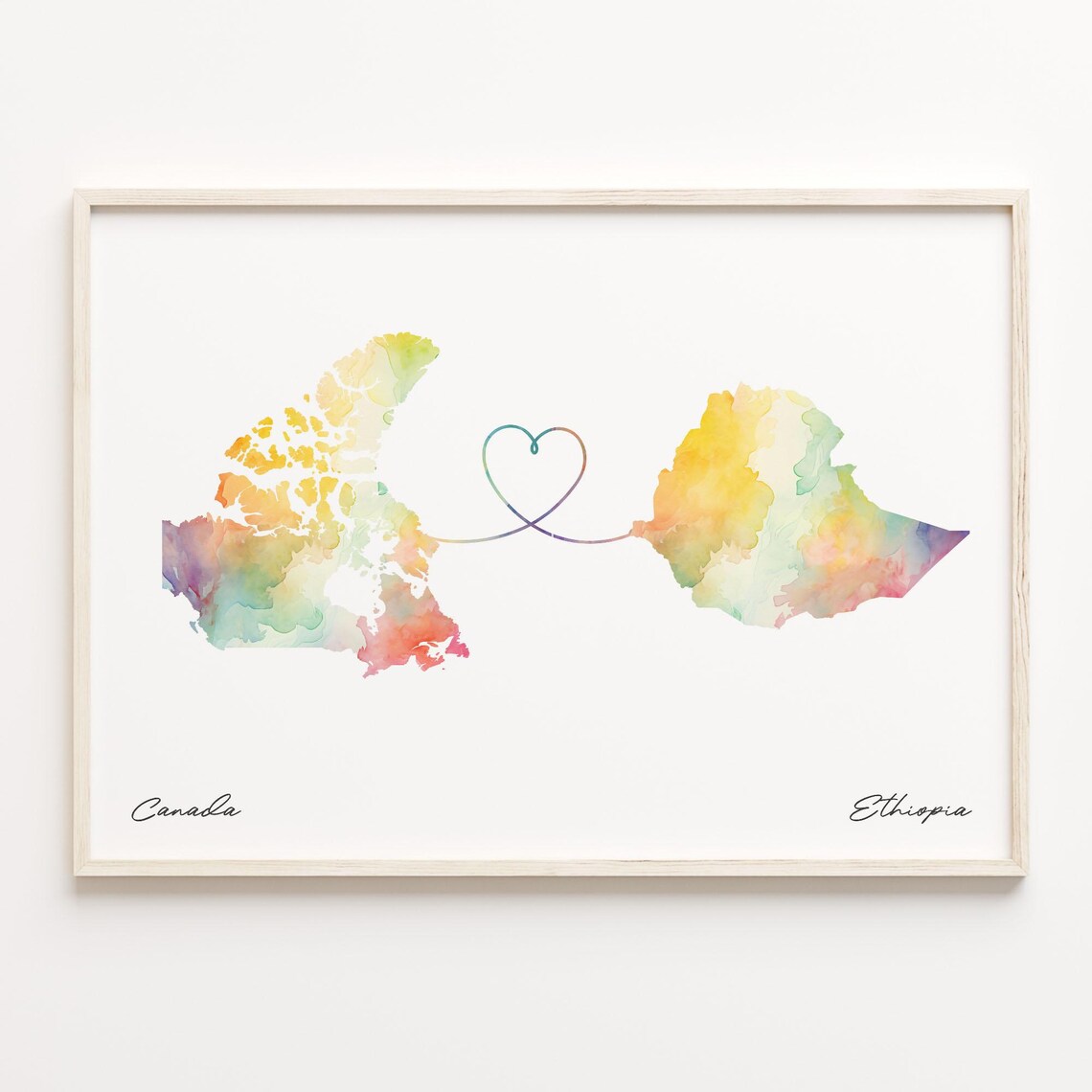 Canada To Ethiopia Watercolor Map Heart Connection Love Gift Poster