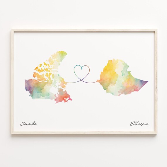 Canada To Ethiopia Watercolor Map Heart Connection Love Gift Poster