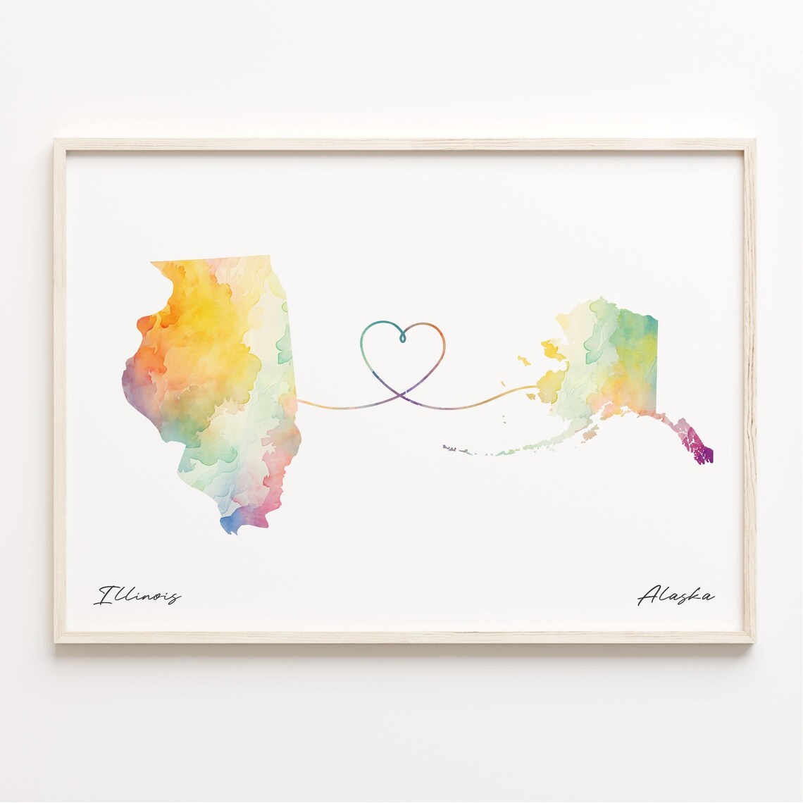 Illinois to Alaska Watercolor Heart Map Long Distance Poster