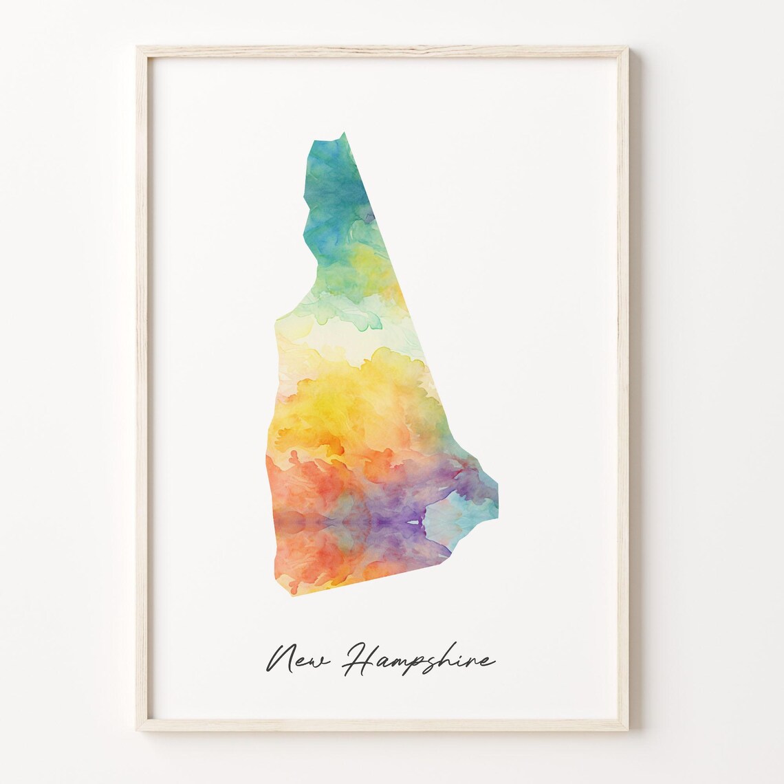 New Hampshire Watercolor State Map Poster in Vibrant Rainbow Pastel Hues