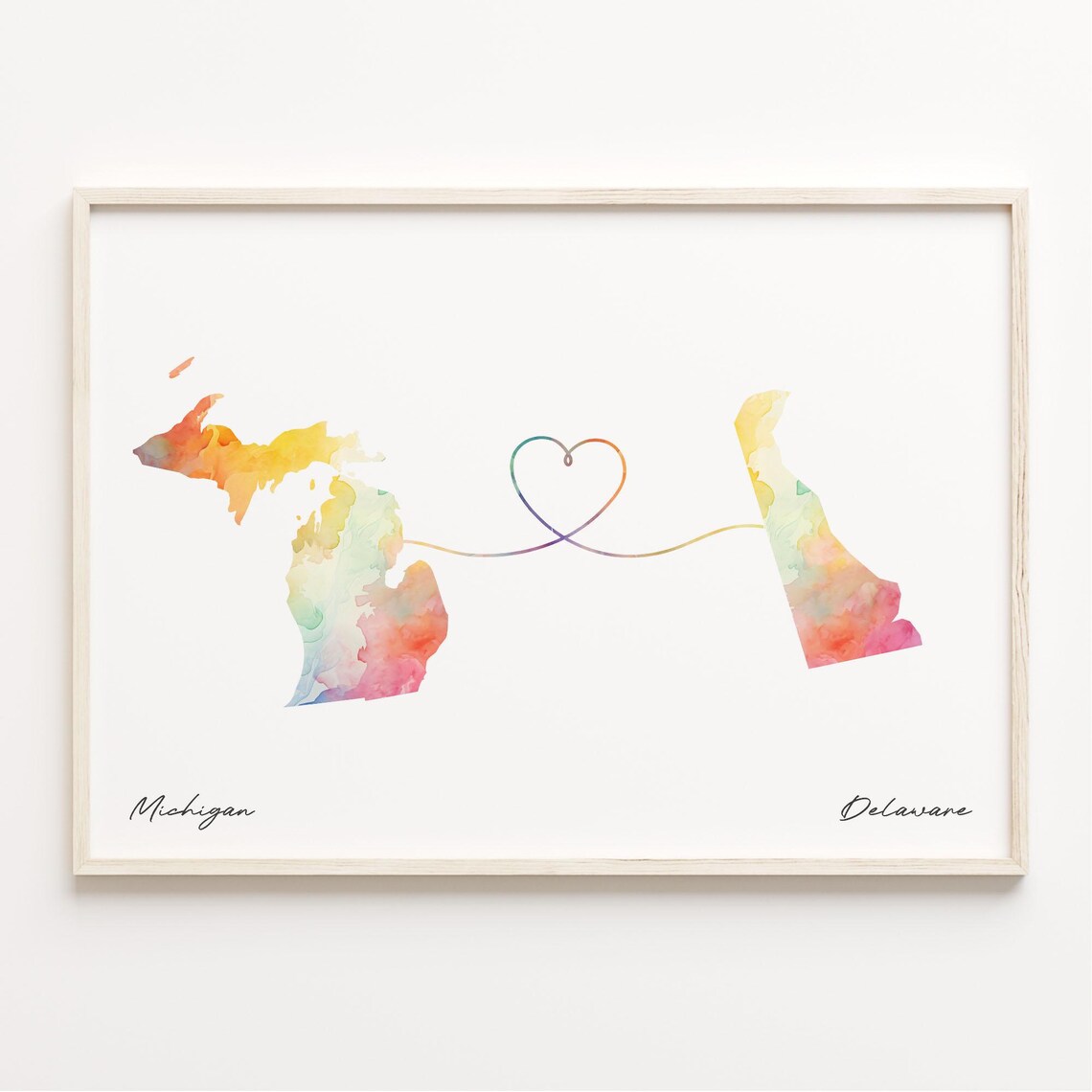 Michigan to Delaware Watercolor Heart Map Long Distance Art Poster