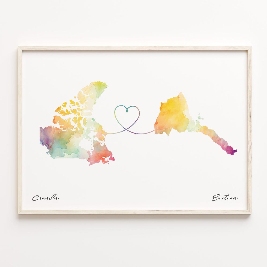 Canada to Eritrea Watercolor Map Poster Heart Connection Distance Gift