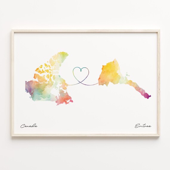 Canada to Eritrea Watercolor Map Poster Heart Connection Distance Gift