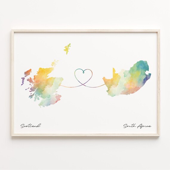 Scotland To South Africa Watercolor Heart Connection Map Print