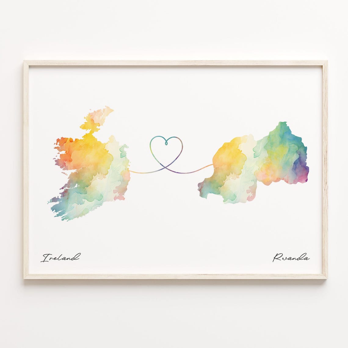 Ireland to Rwanda Watercolor Map Heart Long Distance Art Print