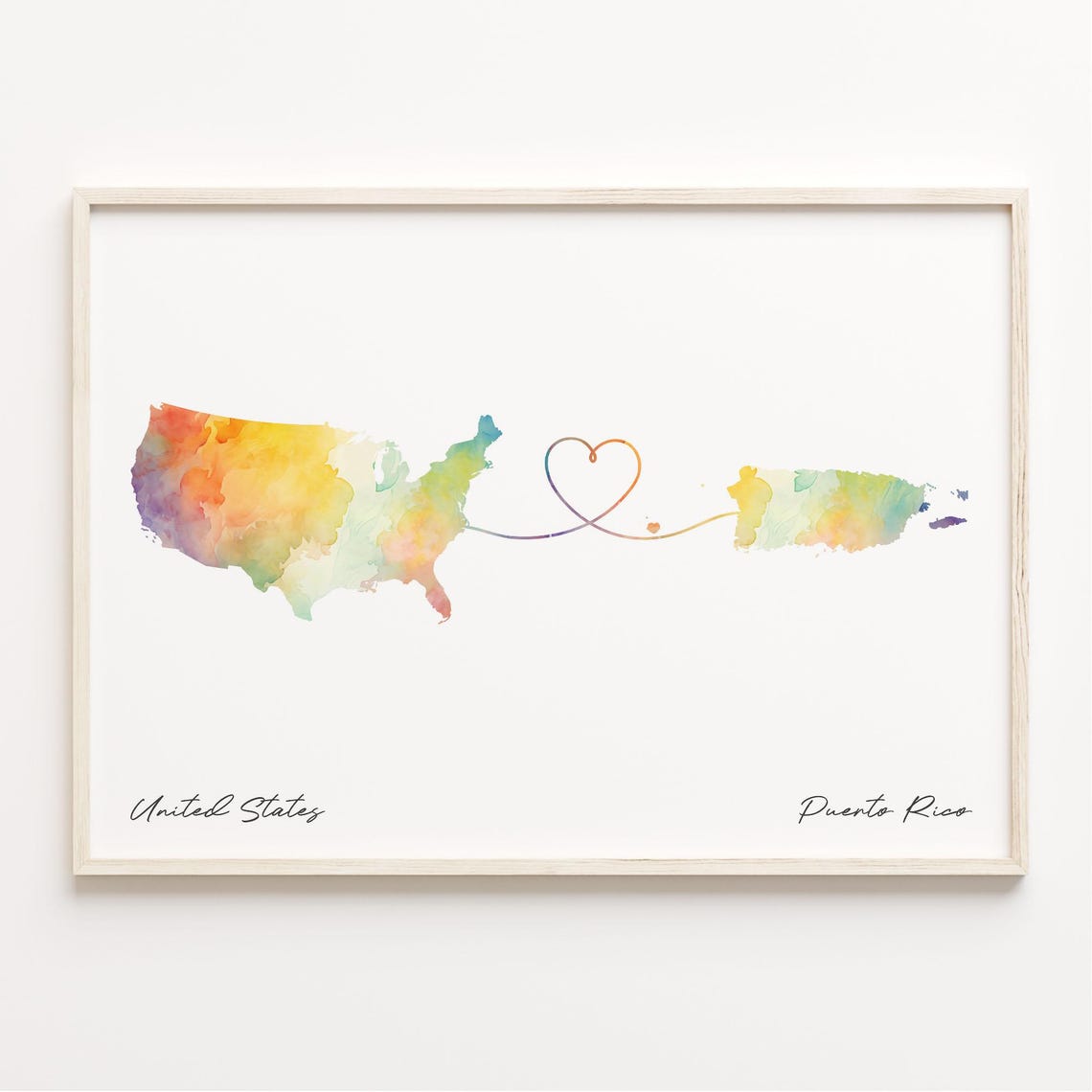 United States To Puerto Rico Watercolor Heart Map Connection Poster