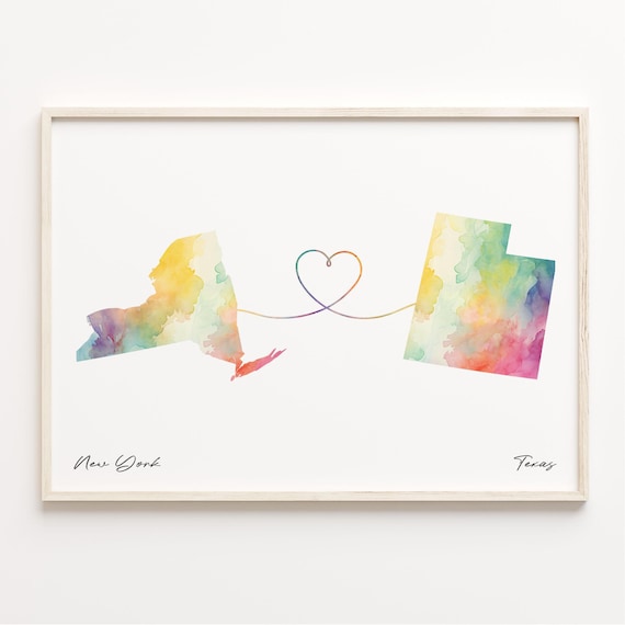 New York to Texas Watercolor Heart Connection Map Keepsake Poster