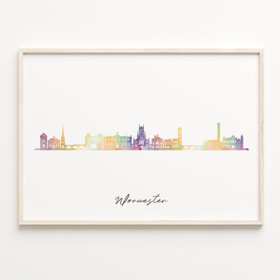 Worcester England Watercolor Skyline Cityscape Travel Poster