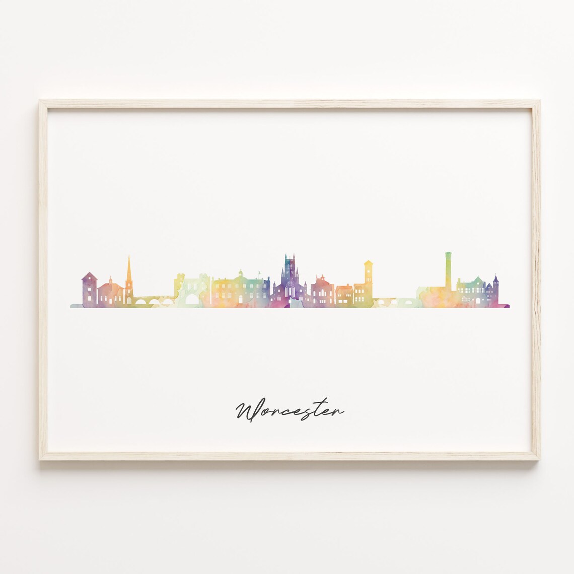 Worcester England Watercolor Skyline Cityscape Travel Poster